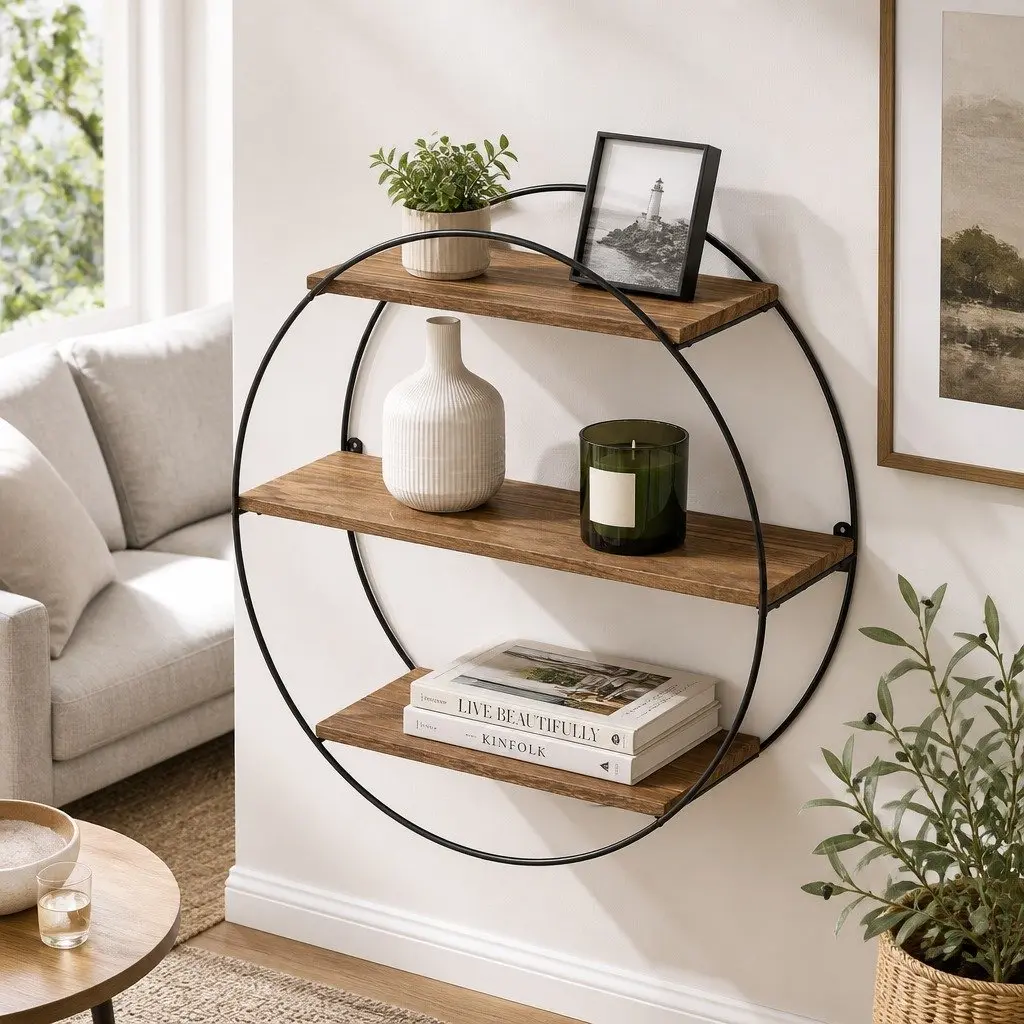 Floating Wall Shelf Round 3-Tier Corner Storage Shelves Easy Install Rust Oak