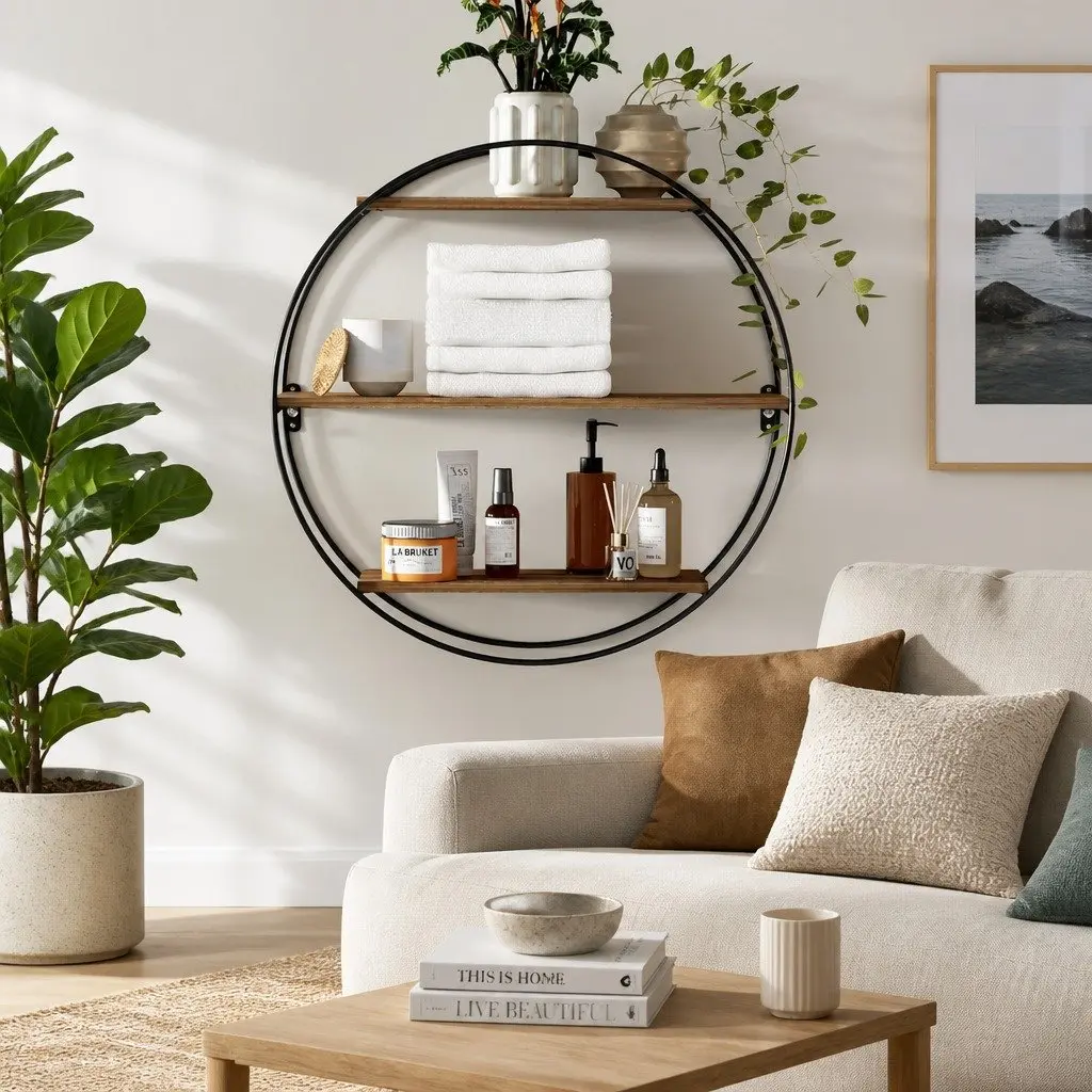 Floating Wall Shelf Round 3-Tier Corner Storage Shelves Easy Install Rust Oak