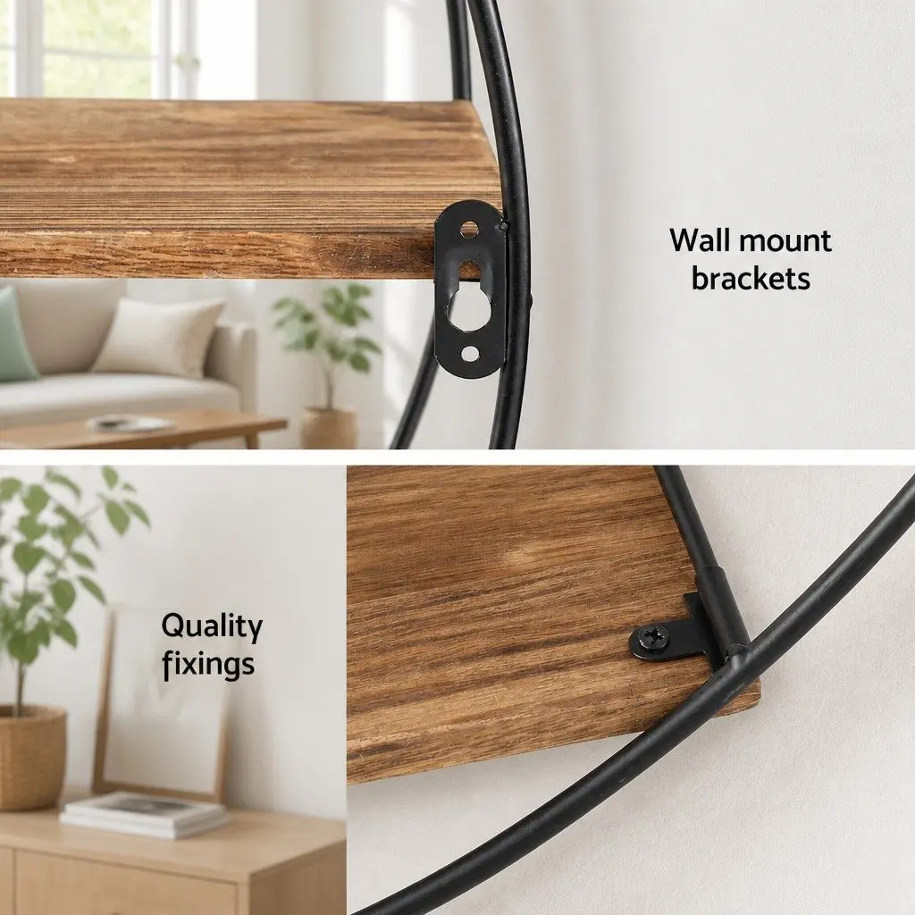 Floating Wall Shelf Round 3-Tier Corner Storage Shelves Easy Install Rust Oak