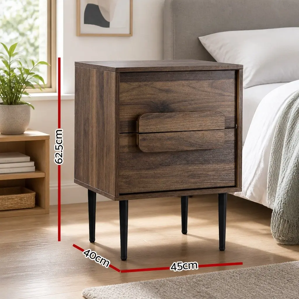 Bedside Table Walnut 45cm 2 Drawers Storage Organiser
