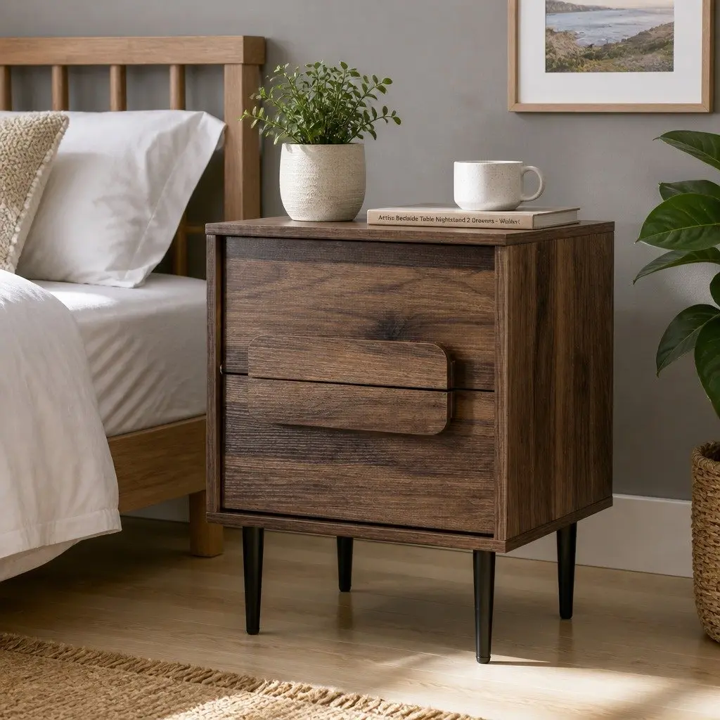 Bedside Table Walnut 45cm 2 Drawers Storage Organiser