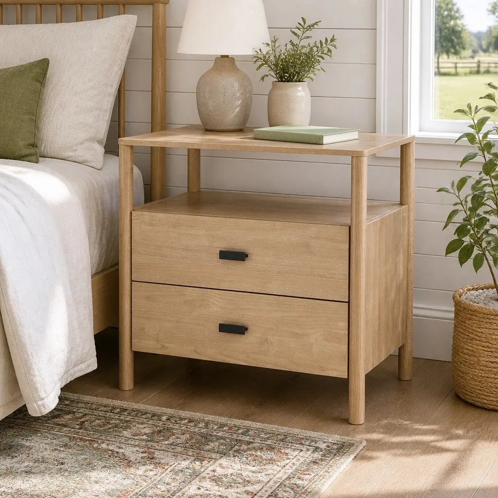 Bedside Table Nightstand 2 Drawers Pine Wood Storage Bedroom Furniture