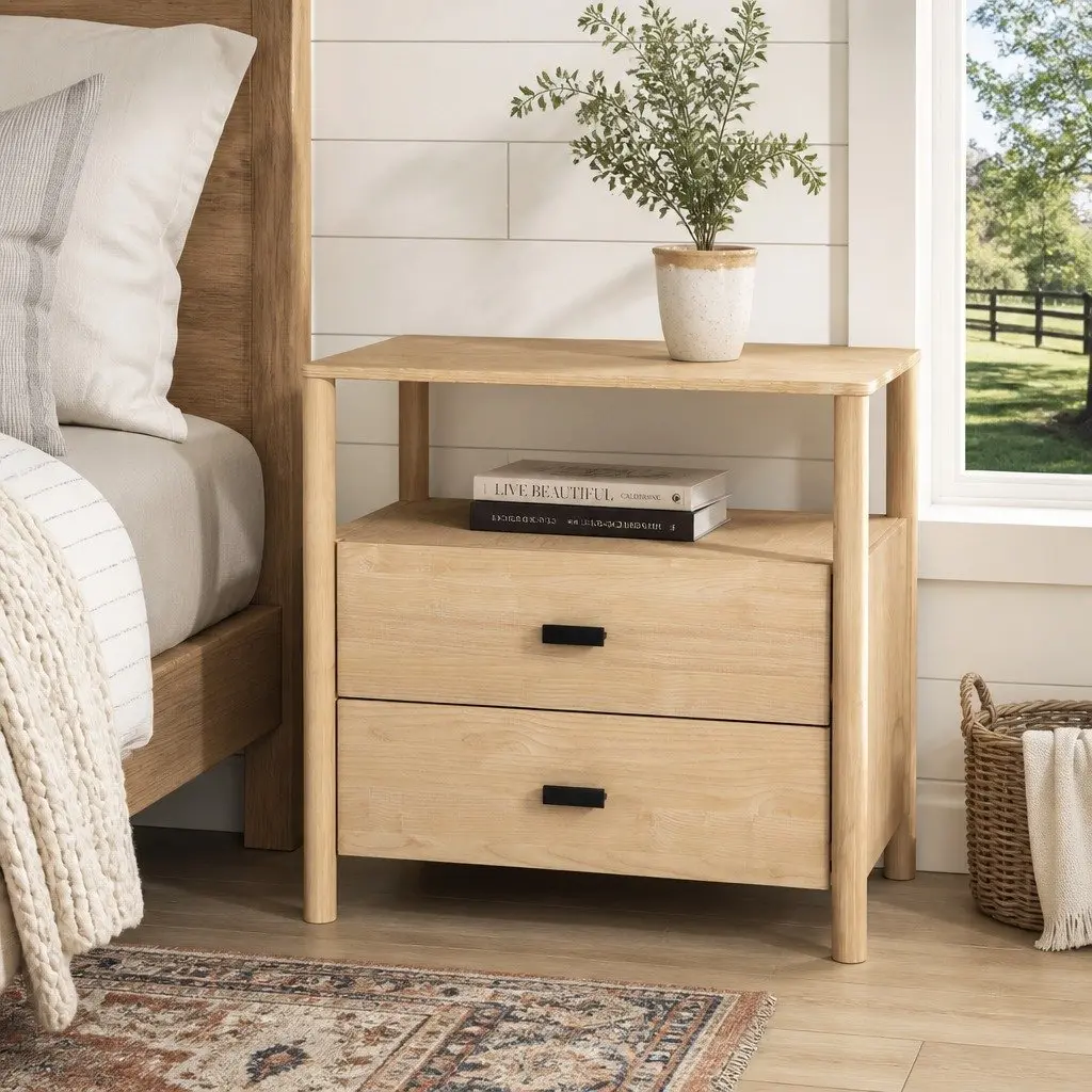Bedside Table Nightstand 2 Drawers Pine Wood Storage Bedroom Furniture
