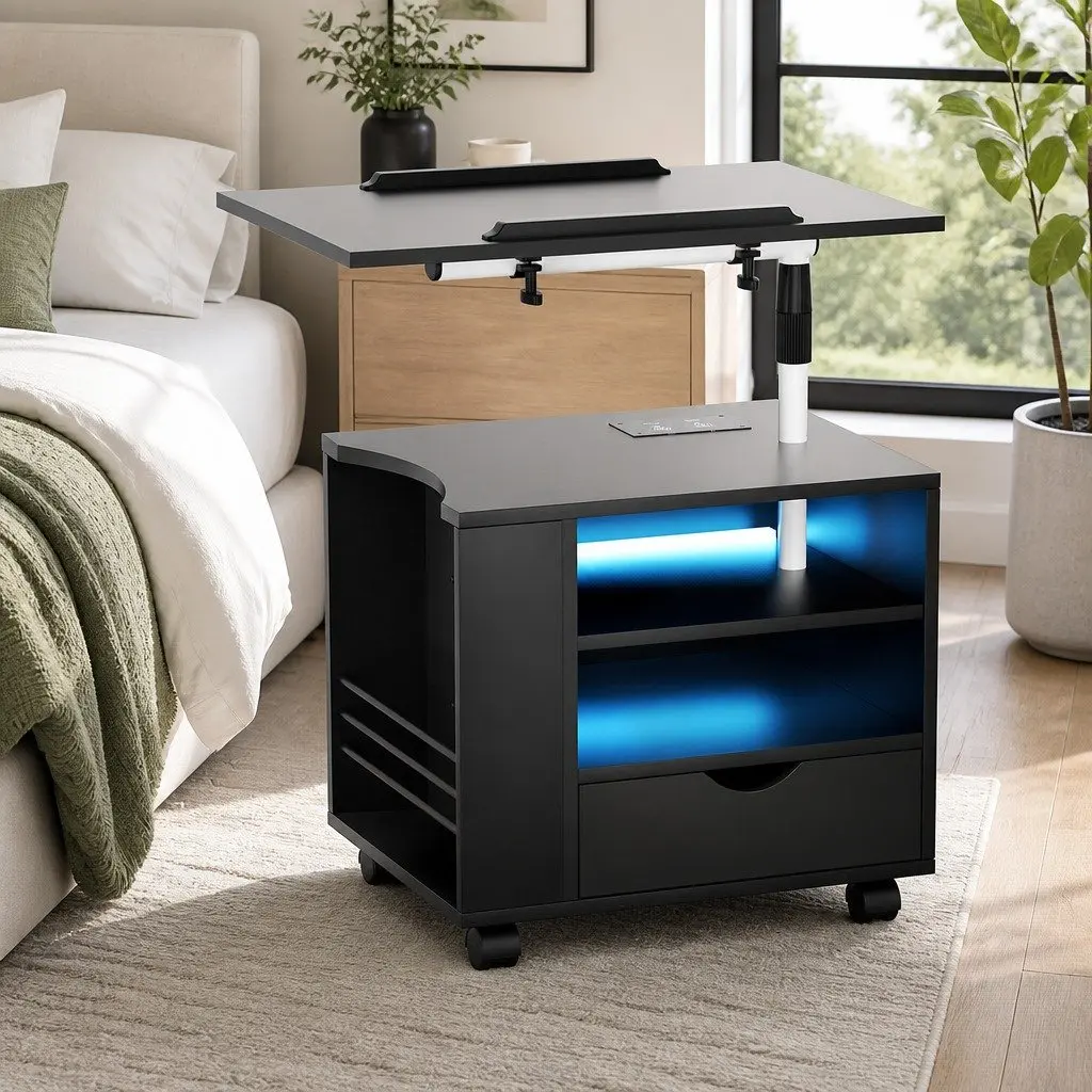 Black Laptop Tray Bedside Table Adjustable Height USB Type-C Charging LED Lights