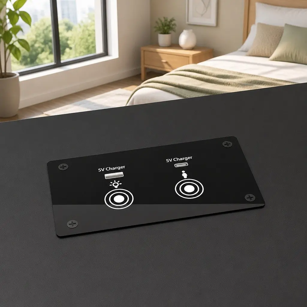 Black Laptop Tray Bedside Table Adjustable Height USB Type-C Charging LED Lights
