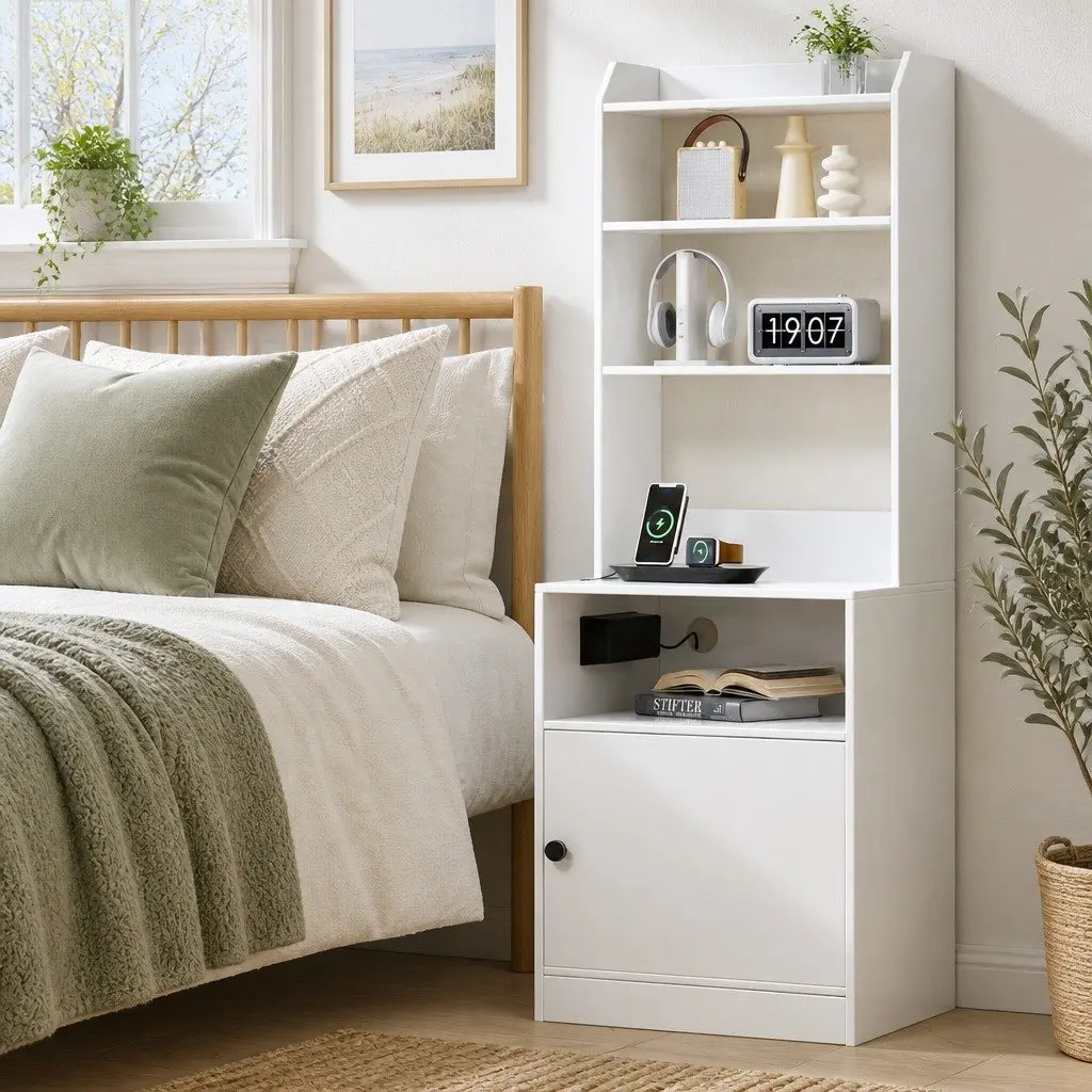 Bedside Table White 45cm with Charging Station and Storage Solutions