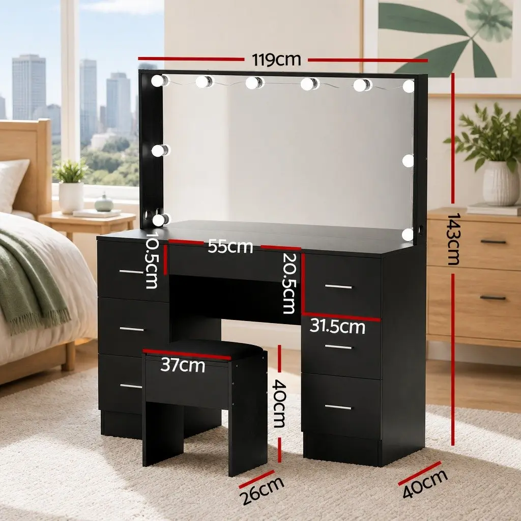 Dressing Table Black LED Mirror 10 Bulbs 7 Drawers