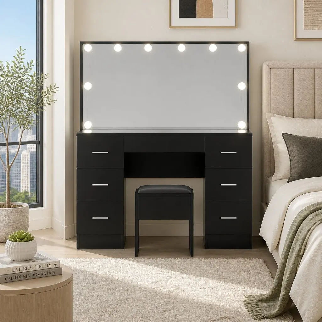 Dressing Table Black LED Mirror 10 Bulbs 7 Drawers