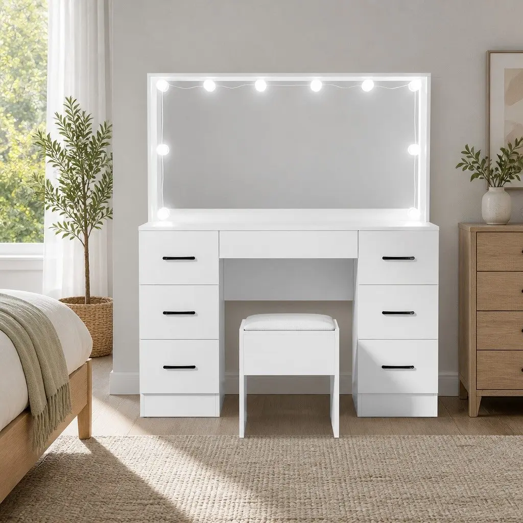 Dressing Table Set White 7 Drawer Hollywood Mirror with 10 LED Bulbs and Stool