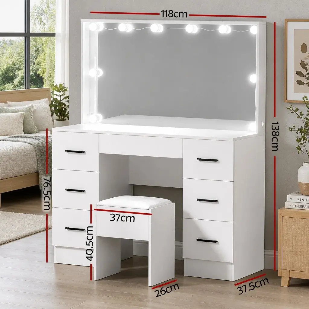 Dressing Table Set White 7 Drawer Hollywood Mirror with 10 LED Bulbs and Stool