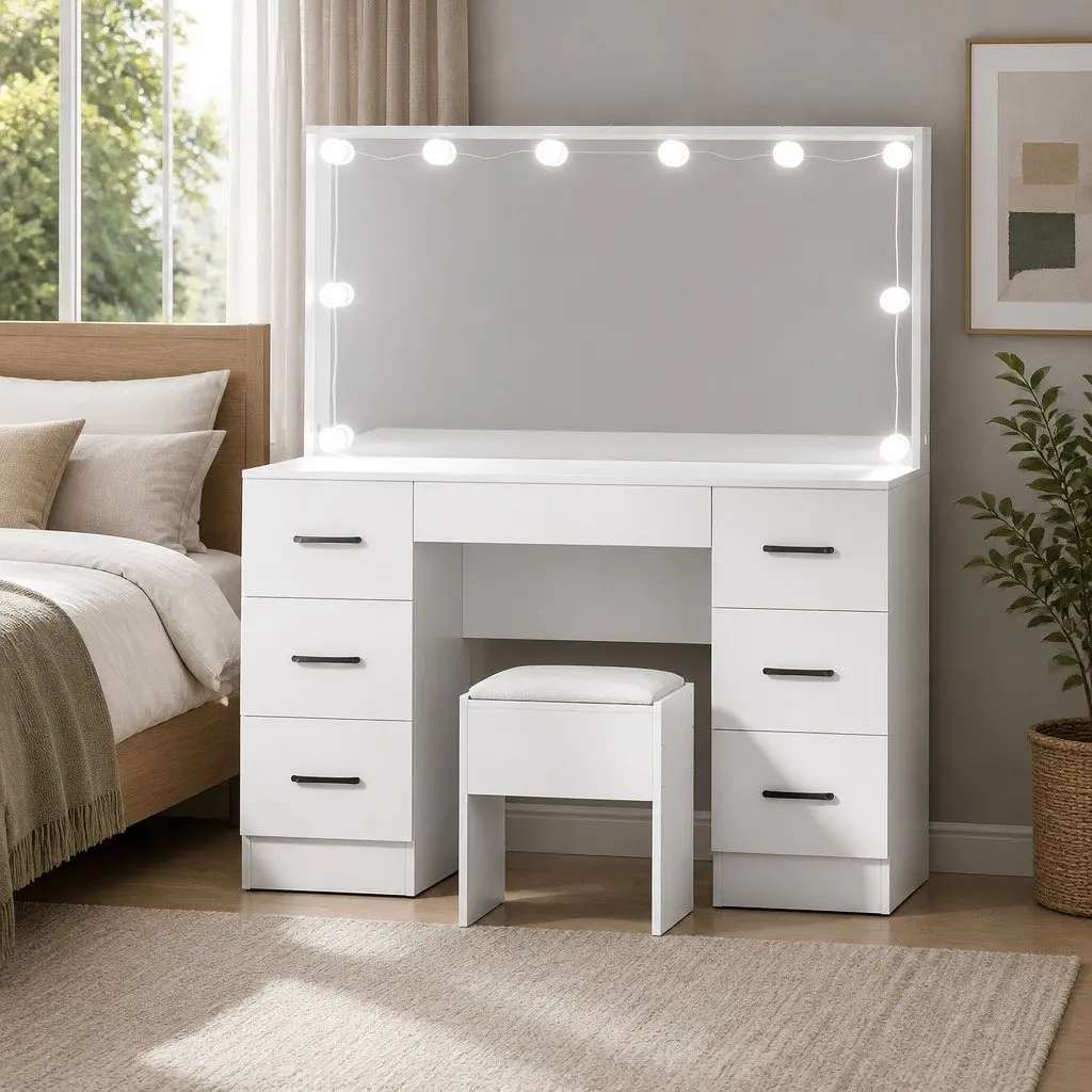 Dressing Table Set White 7 Drawer Hollywood Mirror with 10 LED Bulbs and Stool