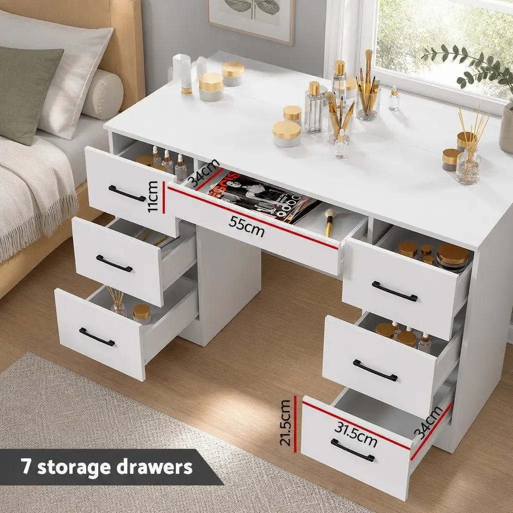 Dressing Table Set White 7 Drawer Hollywood Mirror with 10 LED Bulbs and Stool