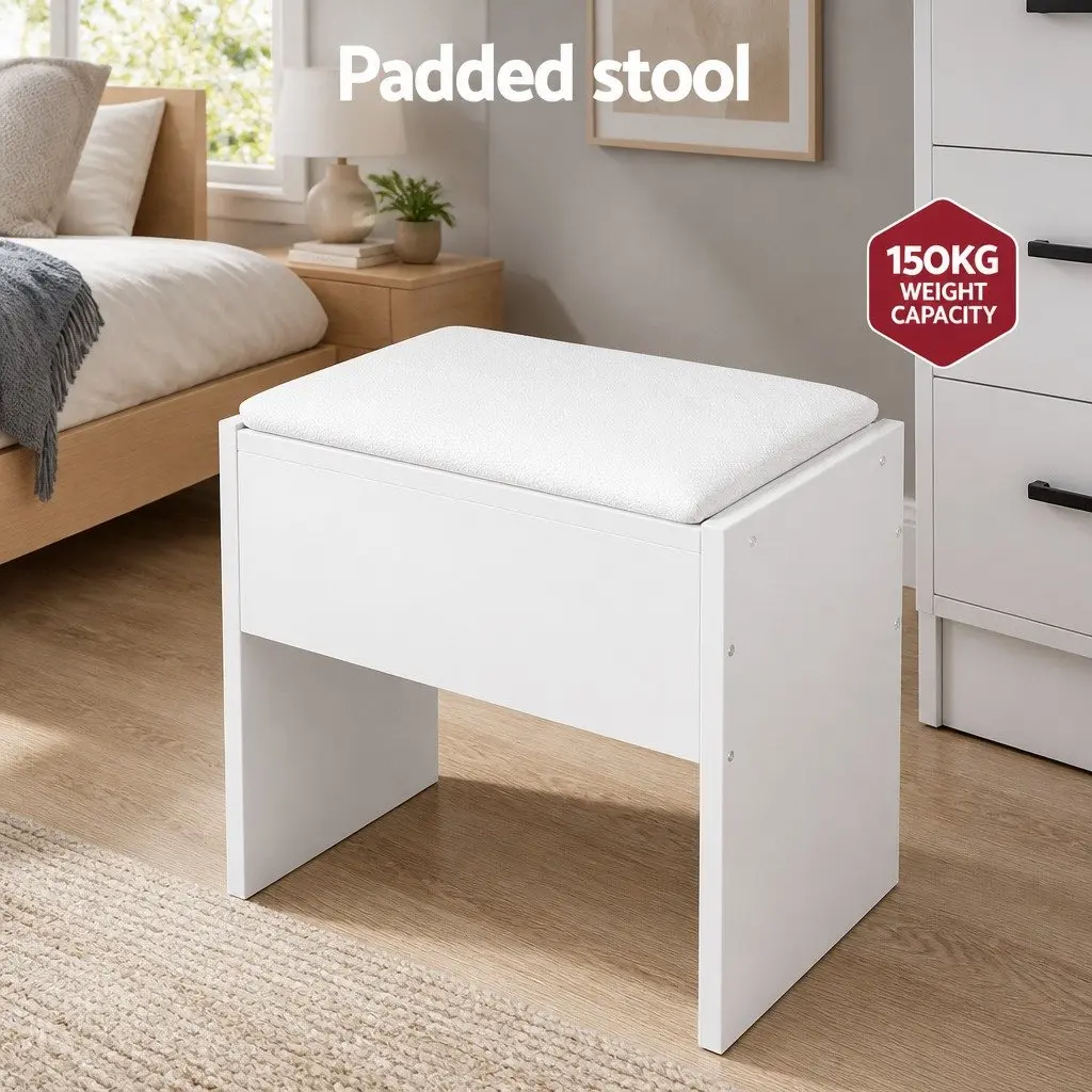 Dressing Table Set White 7 Drawer Hollywood Mirror with 10 LED Bulbs and Stool