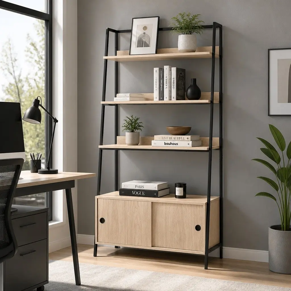 5 Tier Oak Bookshelf with Cabinets