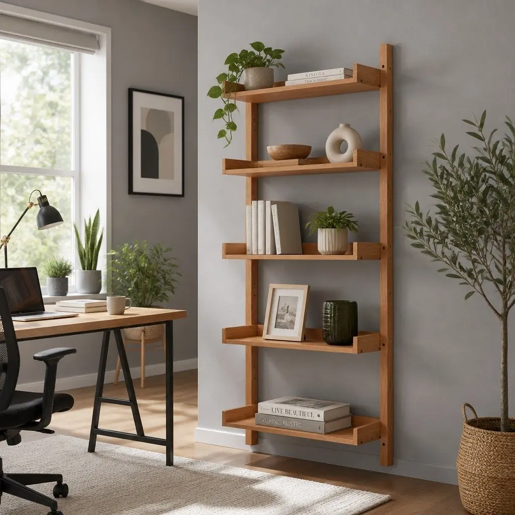 Floating Bookshelf Oak 5-Tier Open Foldable Display Shelf