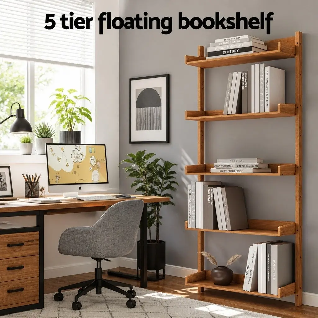 Floating Bookshelf Oak 5-Tier Open Foldable Display Shelf