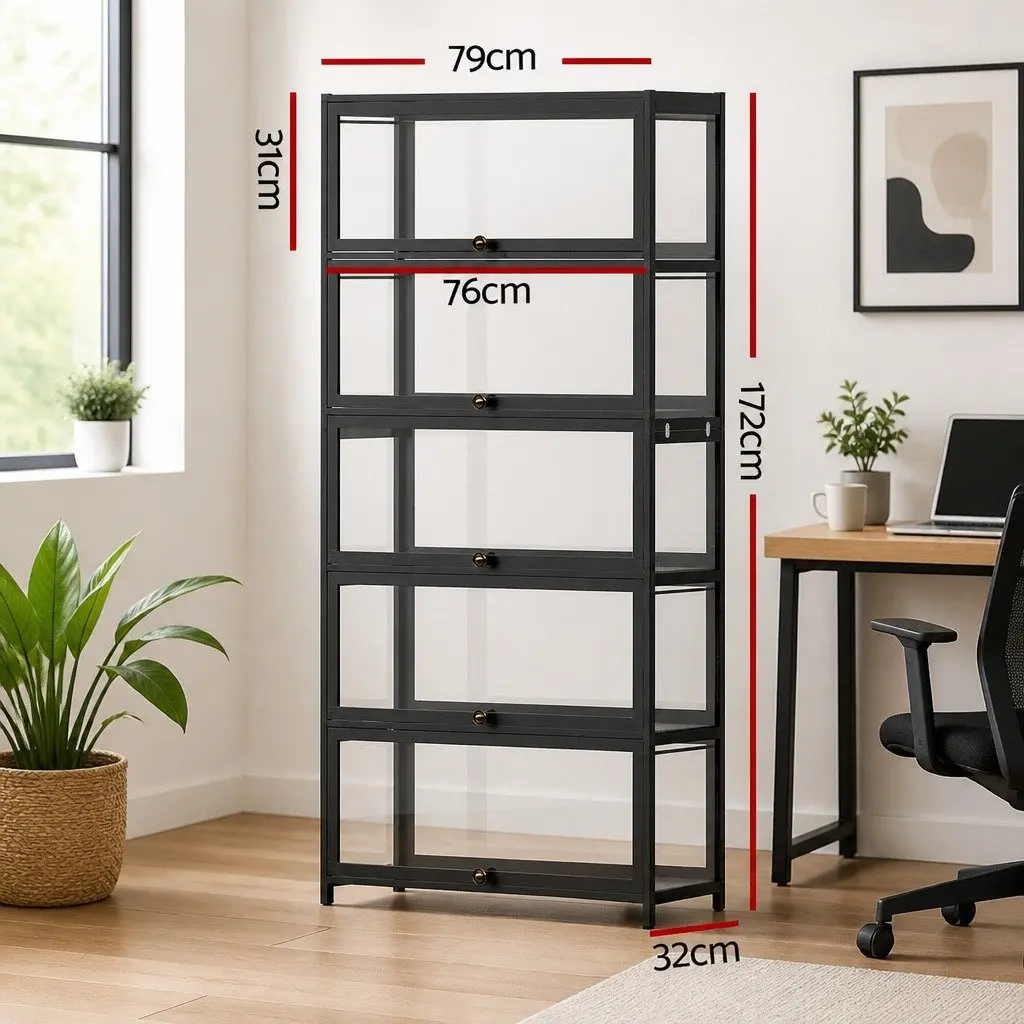5-Tier Display Cabinet Black Bamboo Frame Acrylic Panel Storage Unit