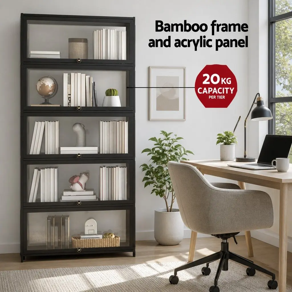 5-Tier Display Cabinet Black Bamboo Frame Acrylic Panel Storage Unit