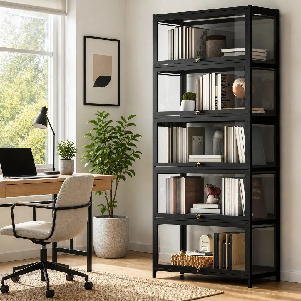 5-Tier Display Cabinet Black Bamboo Frame Acrylic Panel Storage Unit
