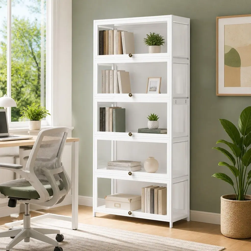 5-Tier Display Cabinet Storage Bookshelf White Acrylic Panel Bamboo Frame