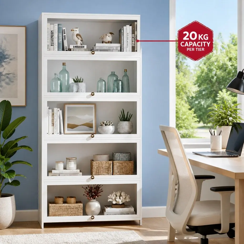 5-Tier White Display Cabinet Bamboo Frame Acrylic Panel Shelving Unit