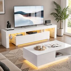 LED TV Entertainment Unit Coffee Table Set White Storage Cabinet 2-Piece Bundle