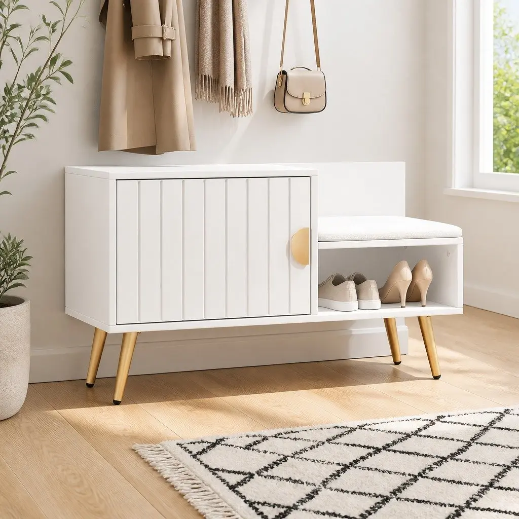 Shoe Rack Cabinet with Padded Seat and Storage