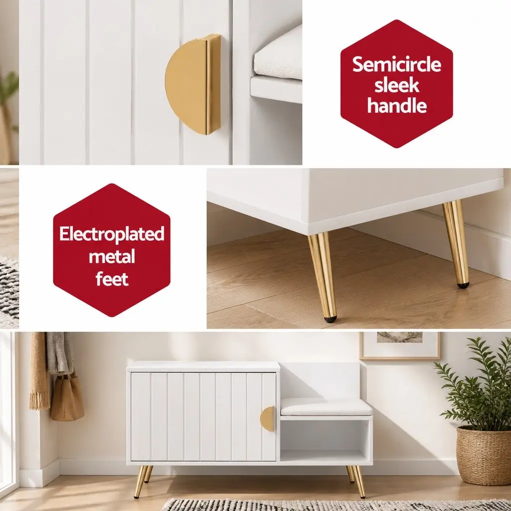Shoe Storage Bench White 80cm Padded Seat Open Shelf Enclosed Compartment
