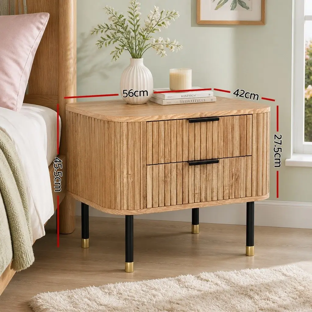 Bedside Table Pine 56cm 2 Drawers Storage Wood MDF Metal Legs