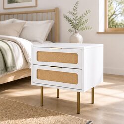 Bedside Table with 2 Drawers Pine White Storage Nightstand Metal Handles Legs