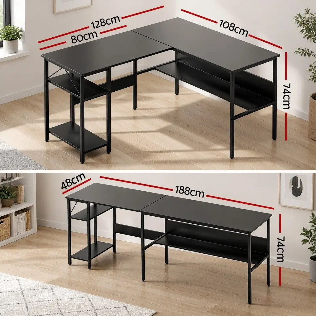 L-Shape Computer Desk Home Office Study Table Open Shelf Storage Black