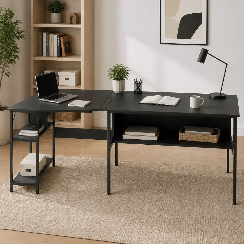 L-Shape Computer Desk Home Office Study Table Open Shelf Storage Black