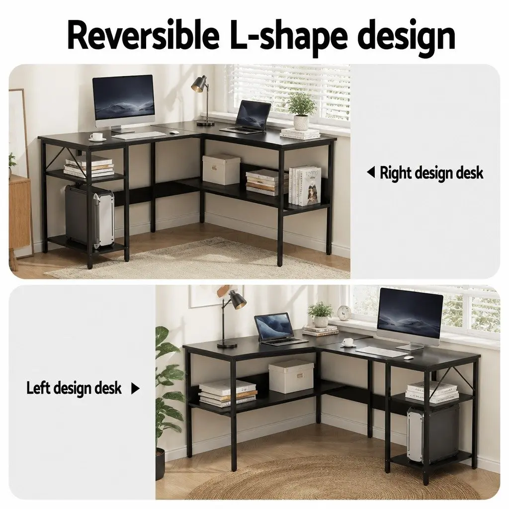 L-Shape Computer Desk Home Office Study Table Open Shelf Storage Black