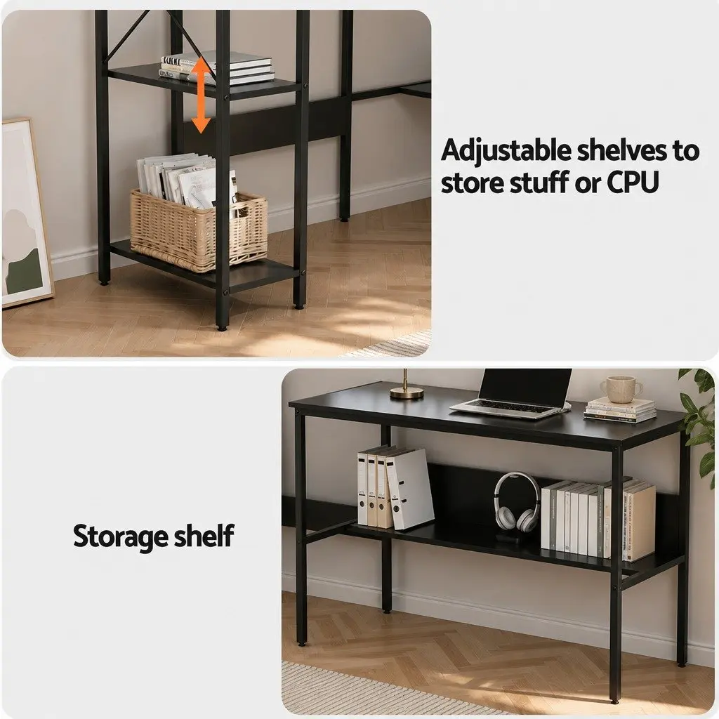 L-Shape Computer Desk Home Office Study Table Open Shelf Storage Black