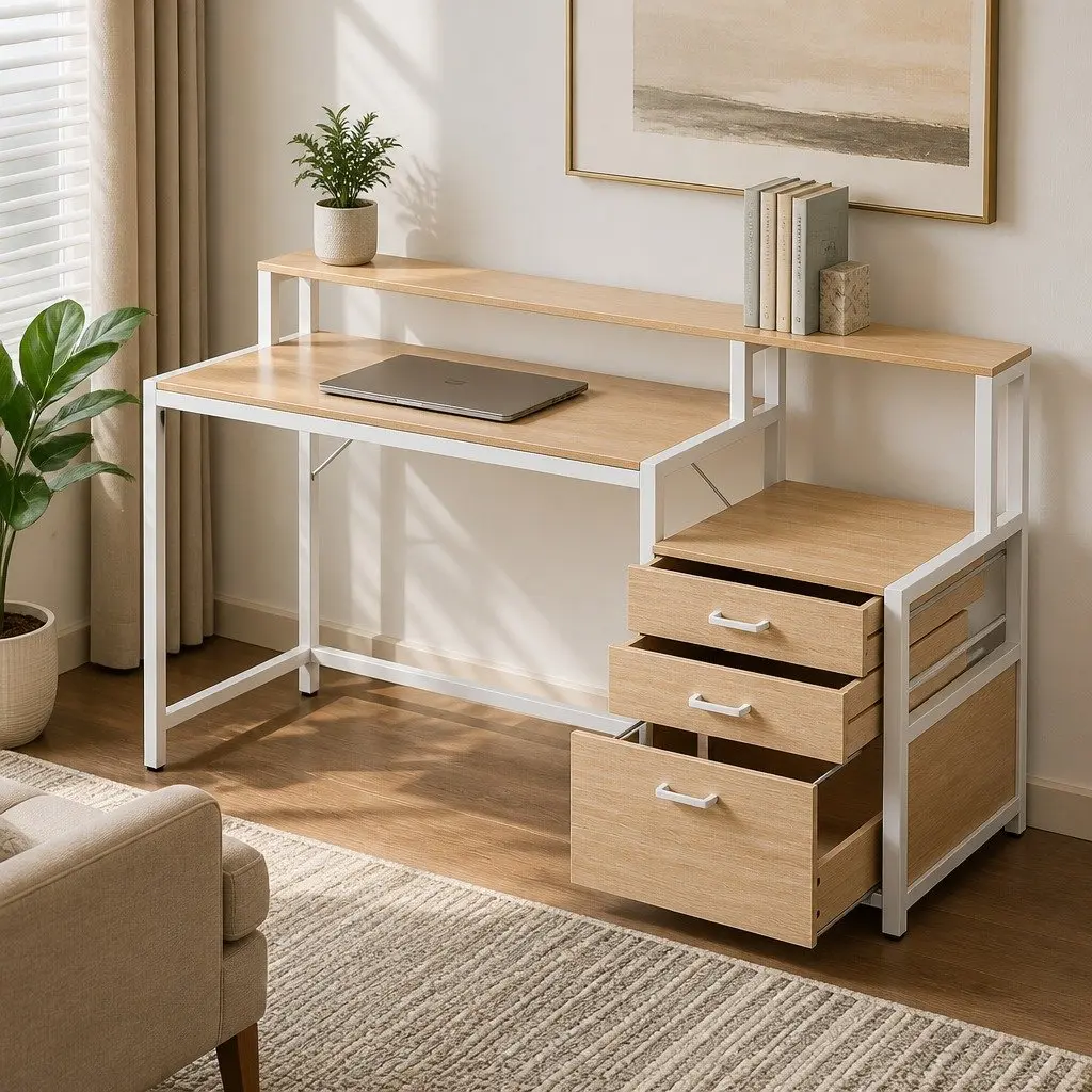Computer Desk Oak 160cm Wide Desktop with Drawers Open Shelf Ergonomic Monitor Riser