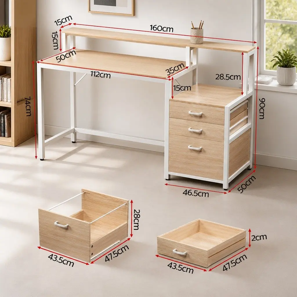Computer Desk Oak 160cm Wide Desktop with Drawers Open Shelf Ergonomic Monitor Riser