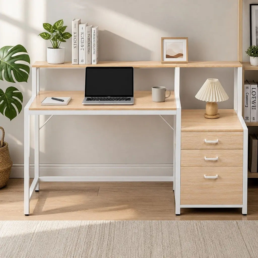 Computer Desk Oak 160cm Wide Desktop with Drawers Open Shelf Ergonomic Monitor Riser