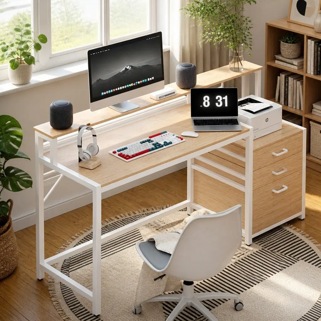 Computer Desk Oak 160cm Wide Desktop with Drawers Open Shelf Ergonomic Monitor Riser