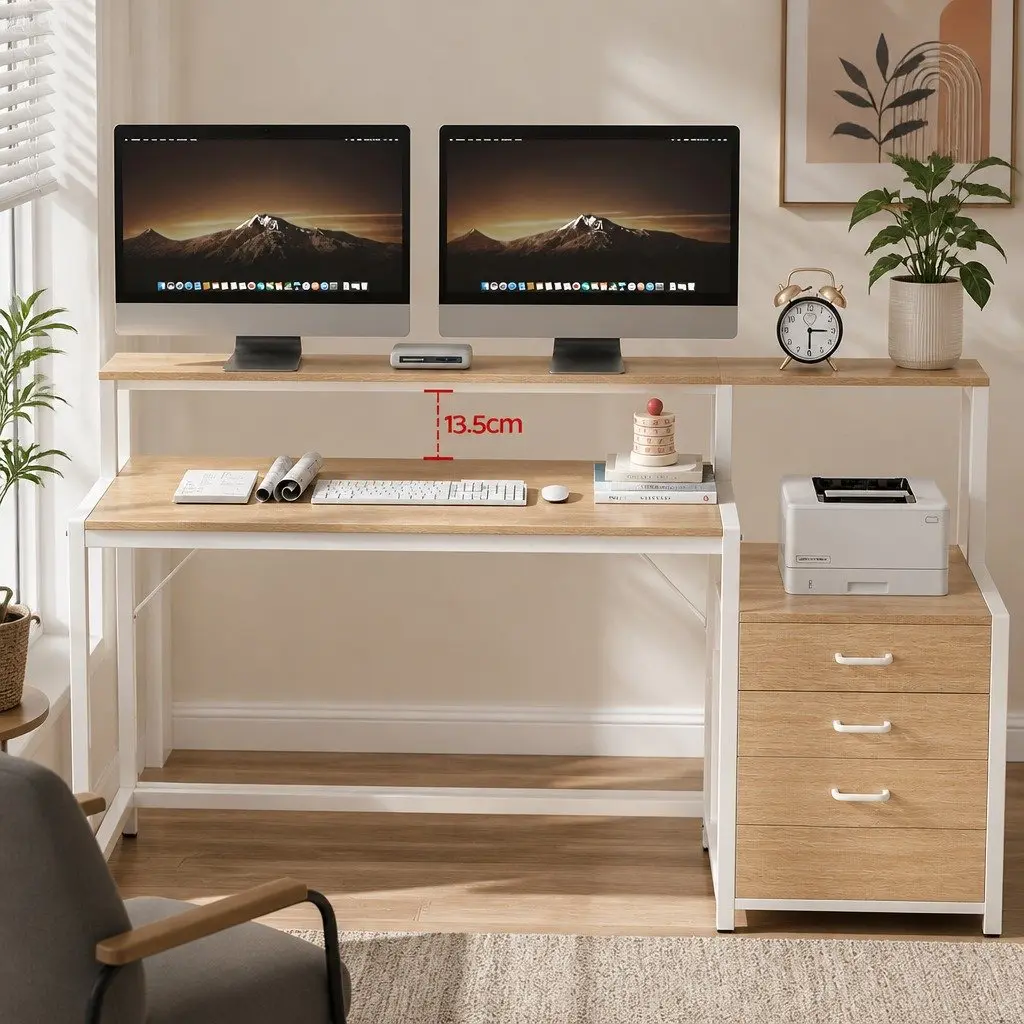 Computer Desk Oak 160cm Wide Desktop with Drawers Open Shelf Ergonomic Monitor Riser