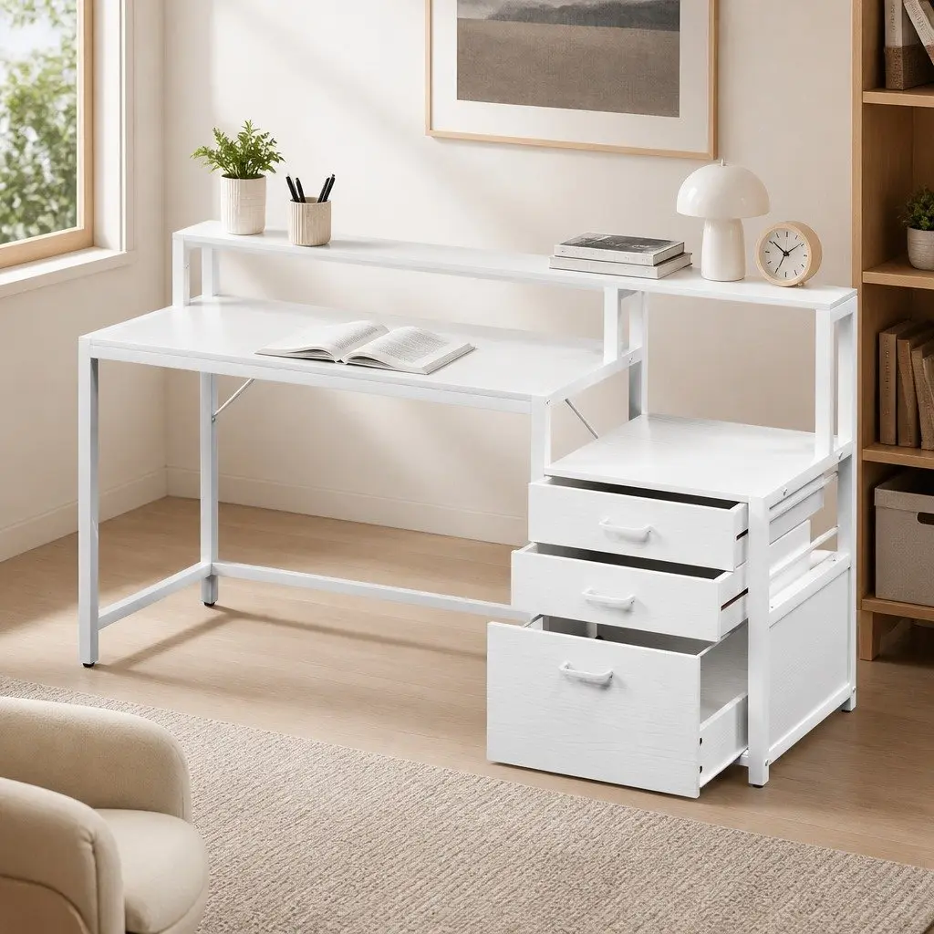 Computer Desk White 160cm Spacious Work Surface with Drawers and Open Shelf