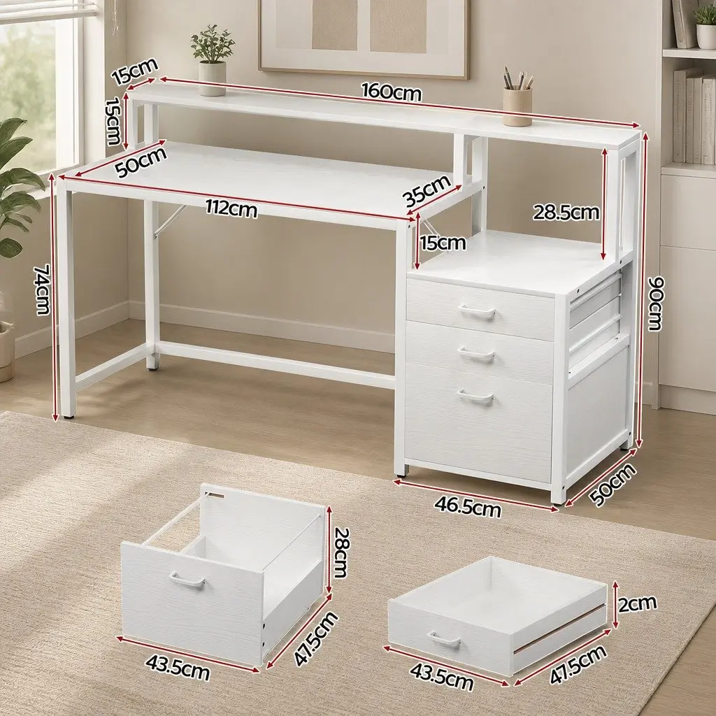 Computer Desk White 160cm Spacious Work Surface with Drawers and Open Shelf