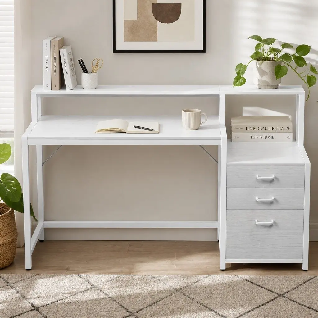 Computer Desk White 160cm Spacious Work Surface with Drawers and Open Shelf