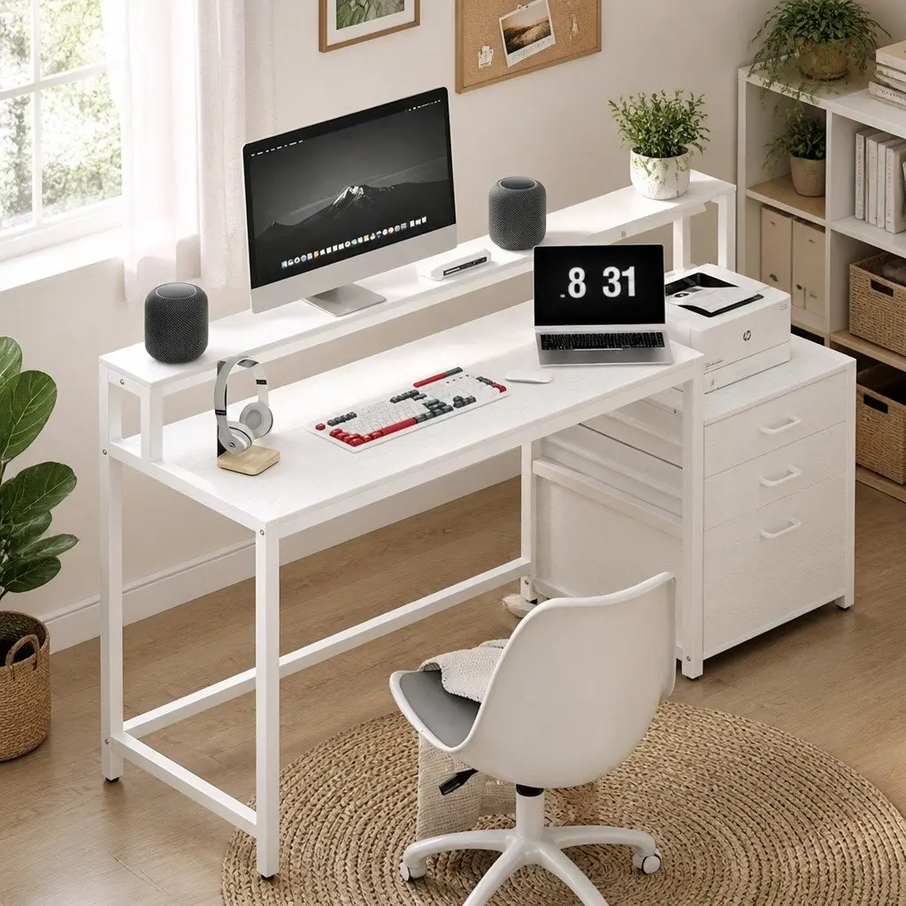 Computer Desk White 160cm Spacious Work Surface with Drawers and Open Shelf