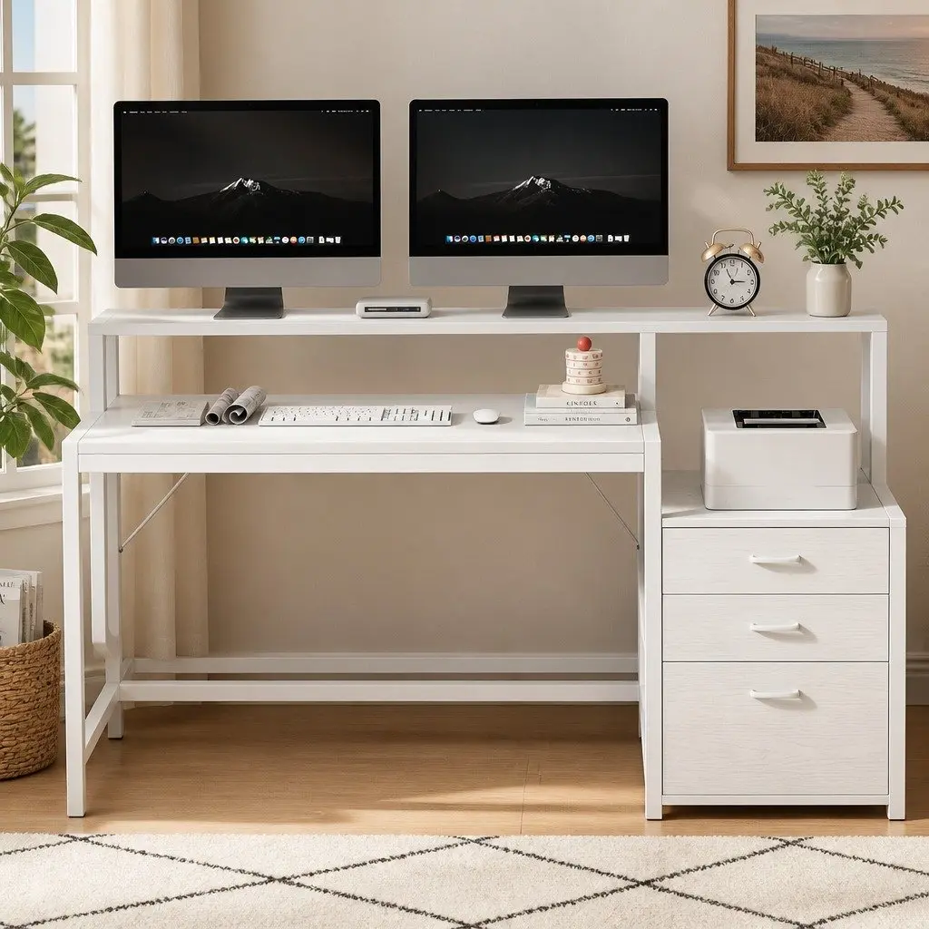 Computer Desk White 160cm Spacious Work Surface with Drawers and Open Shelf