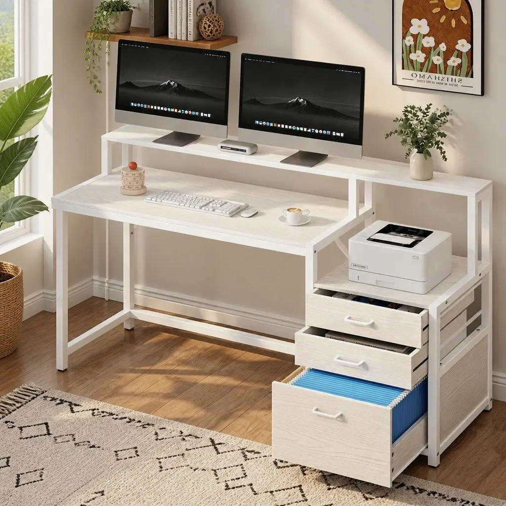 Computer Desk White 160cm Spacious Work Surface with Drawers and Open Shelf