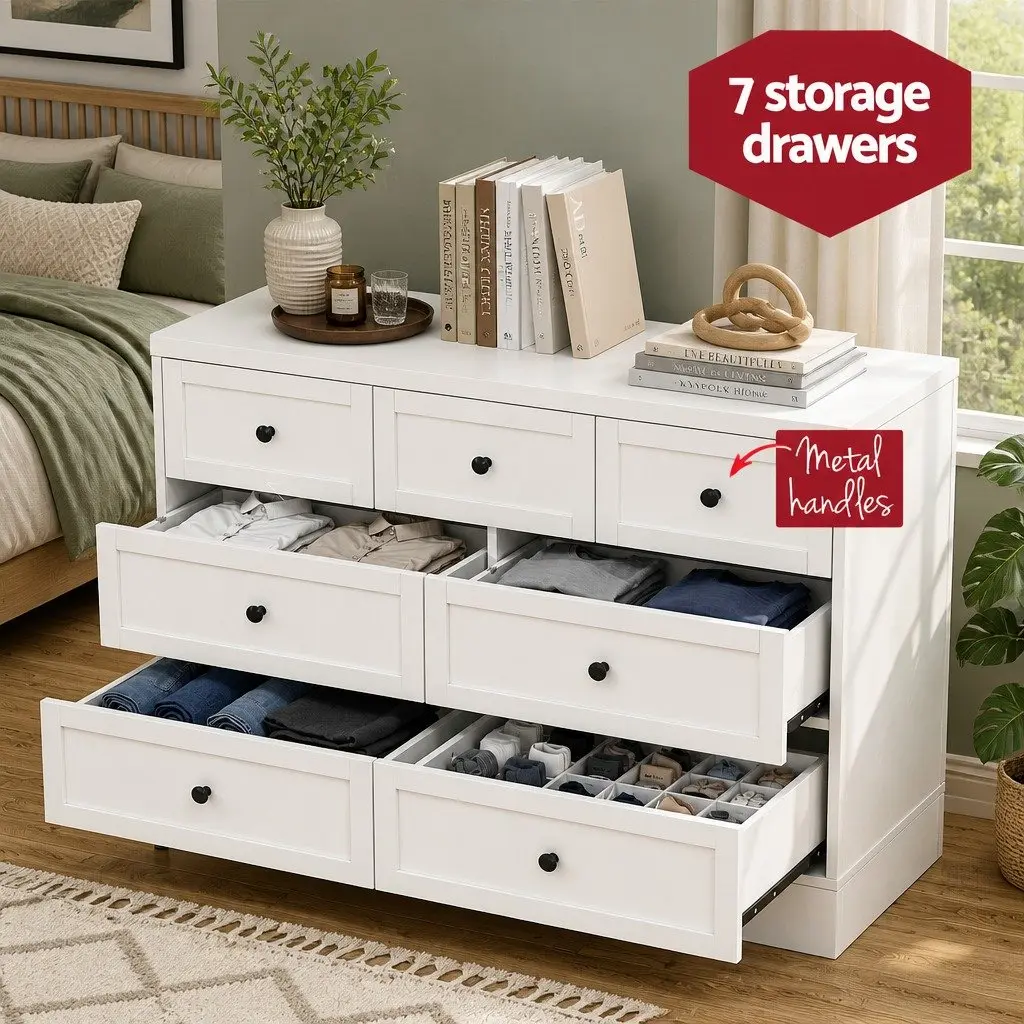 7 Drawer Chest Dresser White Storage Cabinet Bedroom Furniture
