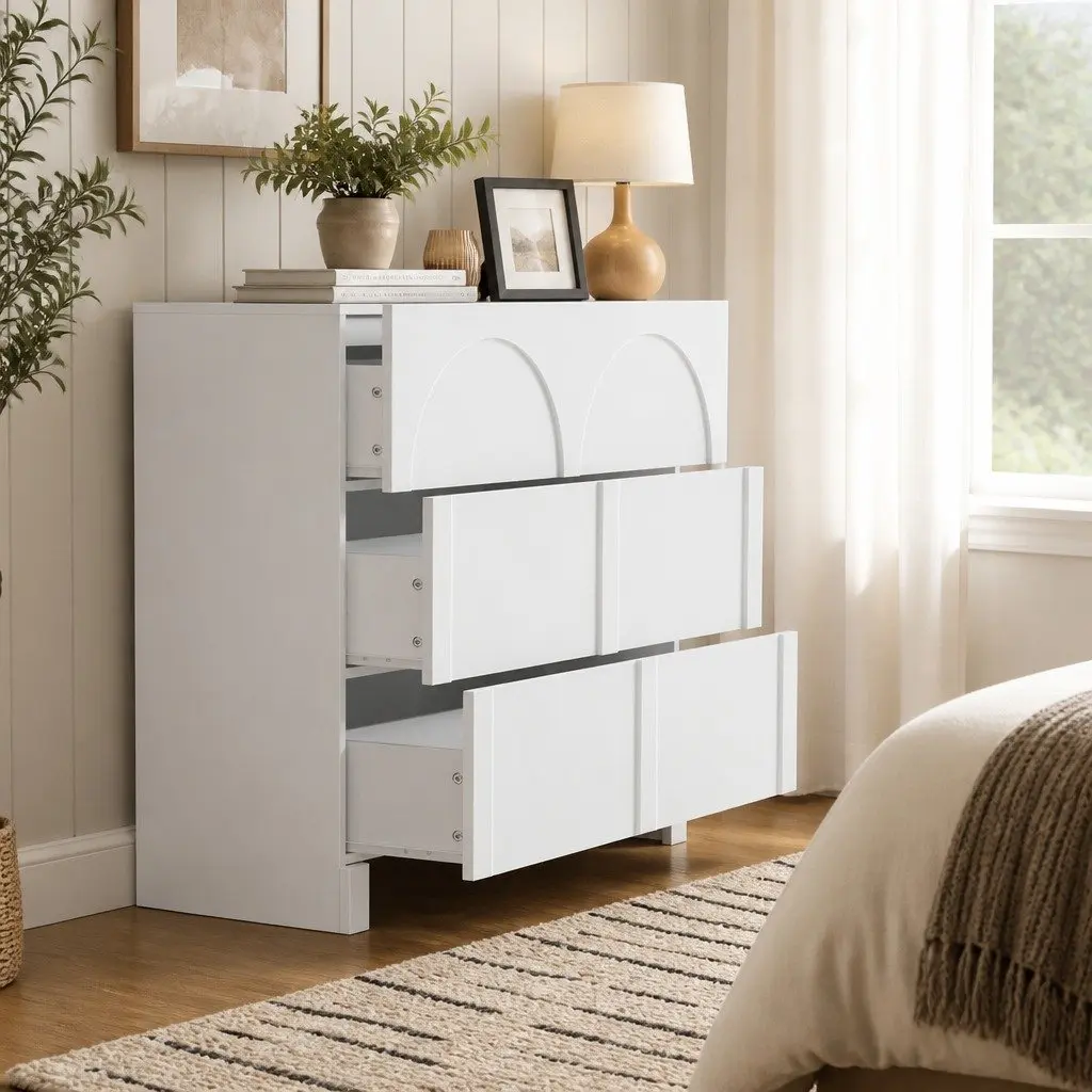 White 3 Drawer Dresser Cabinet Lowboy Chest of Drawers Bedroom Storage Unit with Push to Open Drawers and Smooth Sliding Runners
