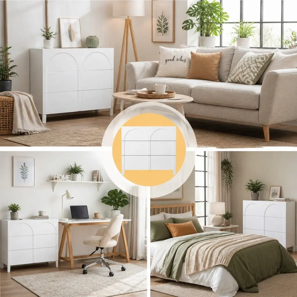 White 3 Drawer Dresser Cabinet Lowboy Chest of Drawers Bedroom Storage Unit with Push to Open Drawers and Smooth Sliding Runners