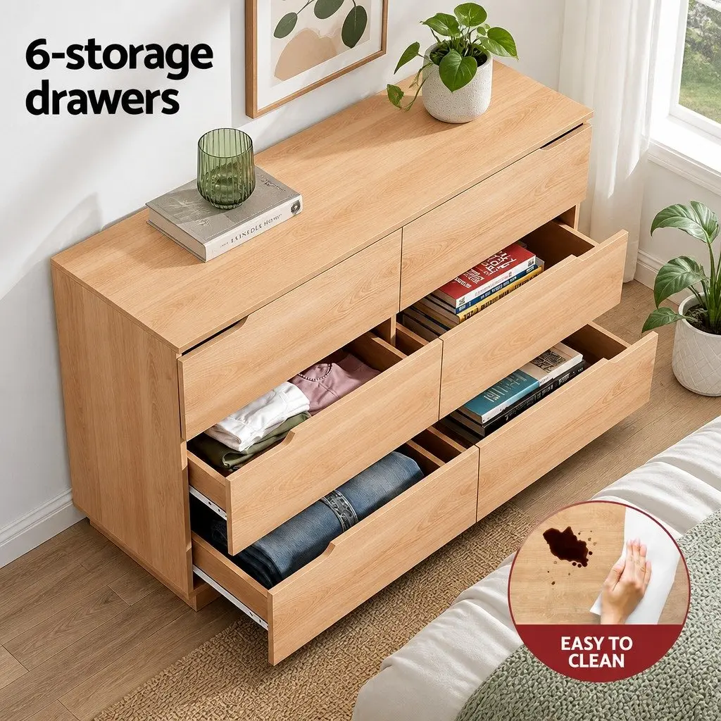 6 Drawer Chest of Drawers Pine Bedroom Furniture Storage Cabinet with Smooth Gliding Drawers and Air Gap Handles