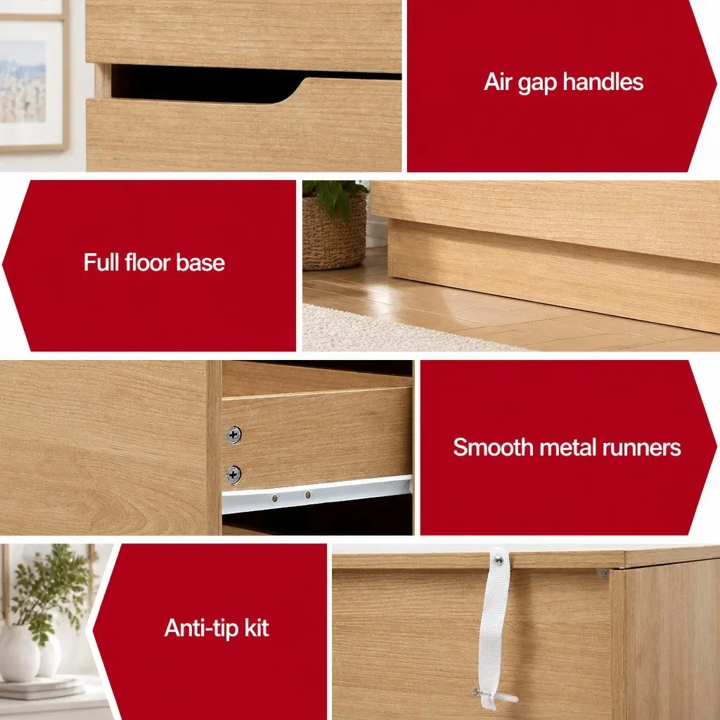 6 Drawer Chest of Drawers Pine Bedroom Furniture Storage Cabinet with Smooth Gliding Drawers and Air Gap Handles